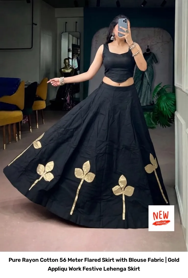 Pure Rayon Cotton 5–6 Meter Flared Skirt with Blouse Fabric | Gold Appliqué Work Festive Lehenga Skirt 4