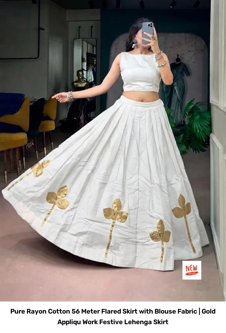 Pure Rayon Cotton 5–6 Meter Flared Skirt with Blouse Fabric | Gold Appliqué Work Festive Lehenga Skirt 5