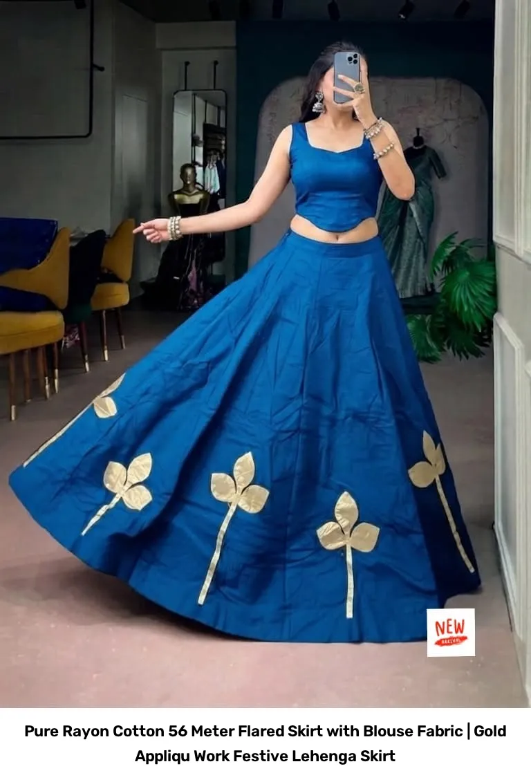 Pure Rayon Cotton 5–6 Meter Flared Skirt with Blouse Fabric | Gold Appliqué Work Festive Lehenga Skirt 6