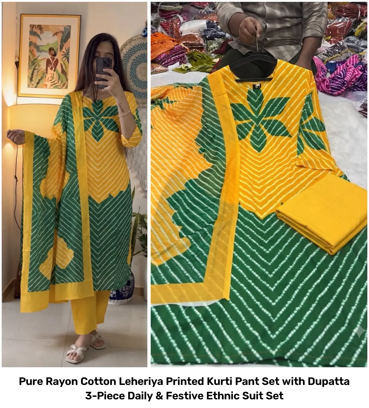 Pure Rayon Cotton Leheriya Printed Kurti Pant Set with Dupatta – 3-Piece Daily & Festive Ethnic Suit Set 2