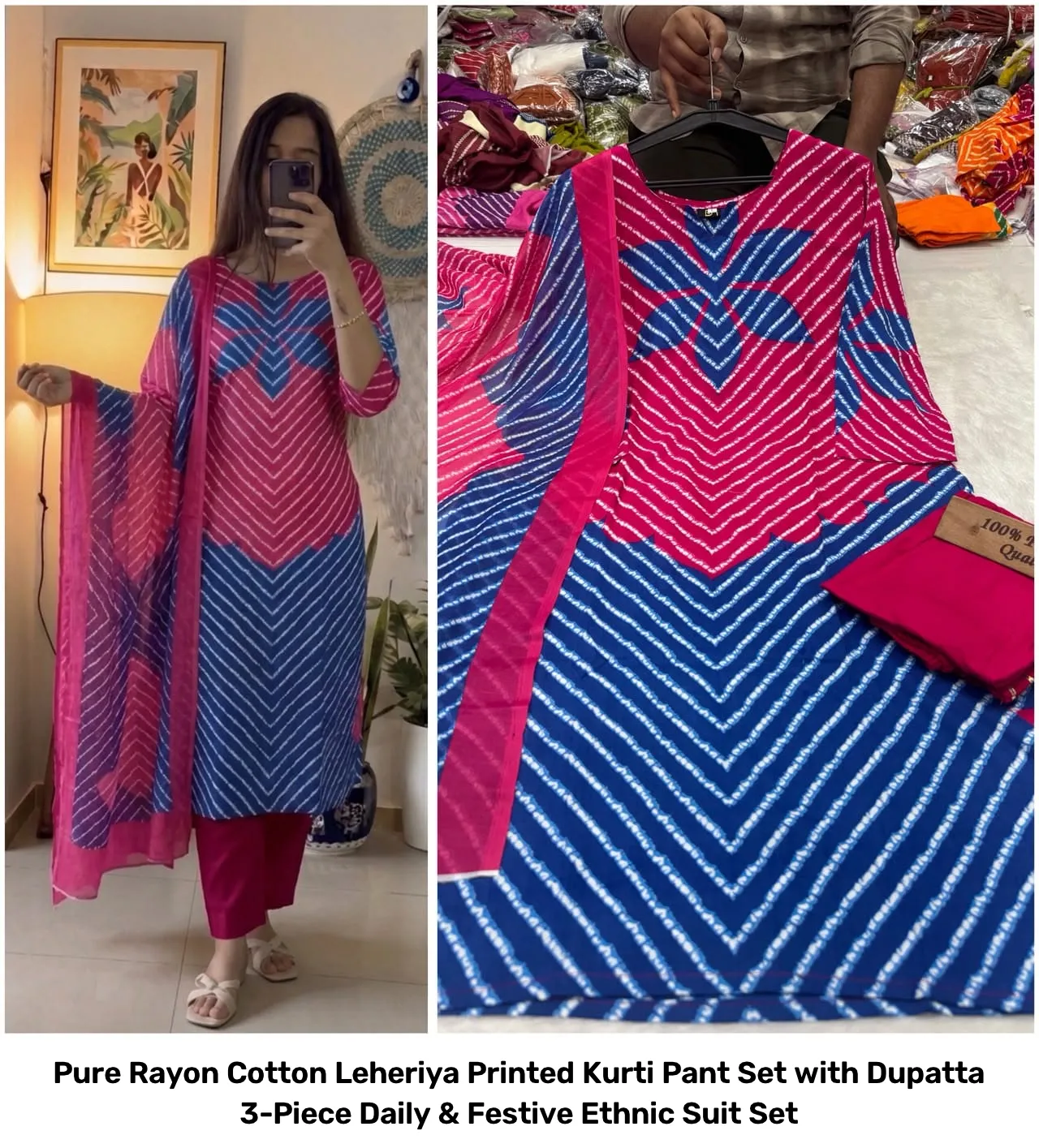 Pure Rayon Cotton Leheriya Printed Kurti Pant Set with Dupatta – 3-Piece Daily & Festive Ethnic Suit Set 4