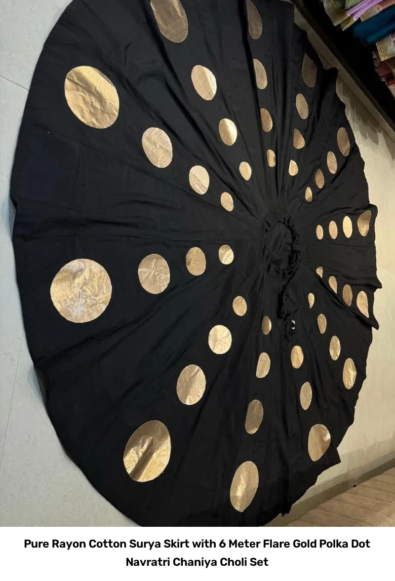 Pure Rayon Cotton Surya Skirt with 6 Meter Flare – Gold Polka Dot Navratri Chaniya Choli Set 5