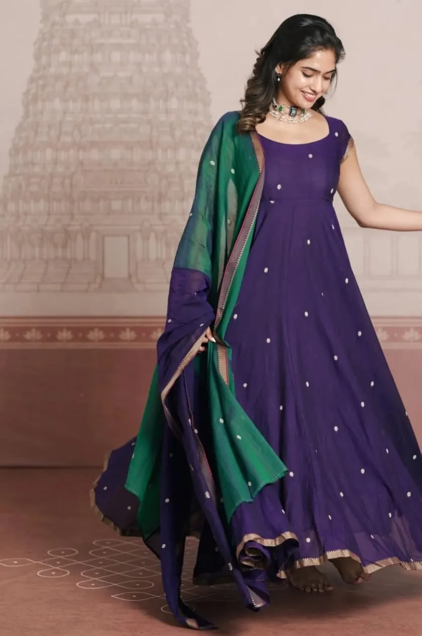 Pure Silk Flared Anarkali Gown with Dual-Tone Contrast Dupatta | Handcrafted Butti Work Long Festive Kurti Dress