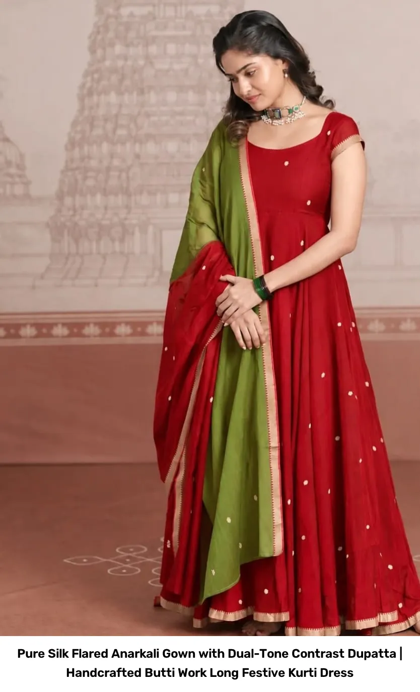 Pure Silk Flared Anarkali Gown with Dual-Tone Contrast Dupatta | Handcrafted Butti Work Long Festive Kurti Dress 2