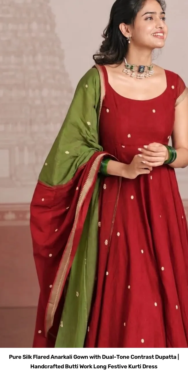 Pure Silk Flared Anarkali Gown with Dual-Tone Contrast Dupatta | Handcrafted Butti Work Long Festive Kurti Dress 3