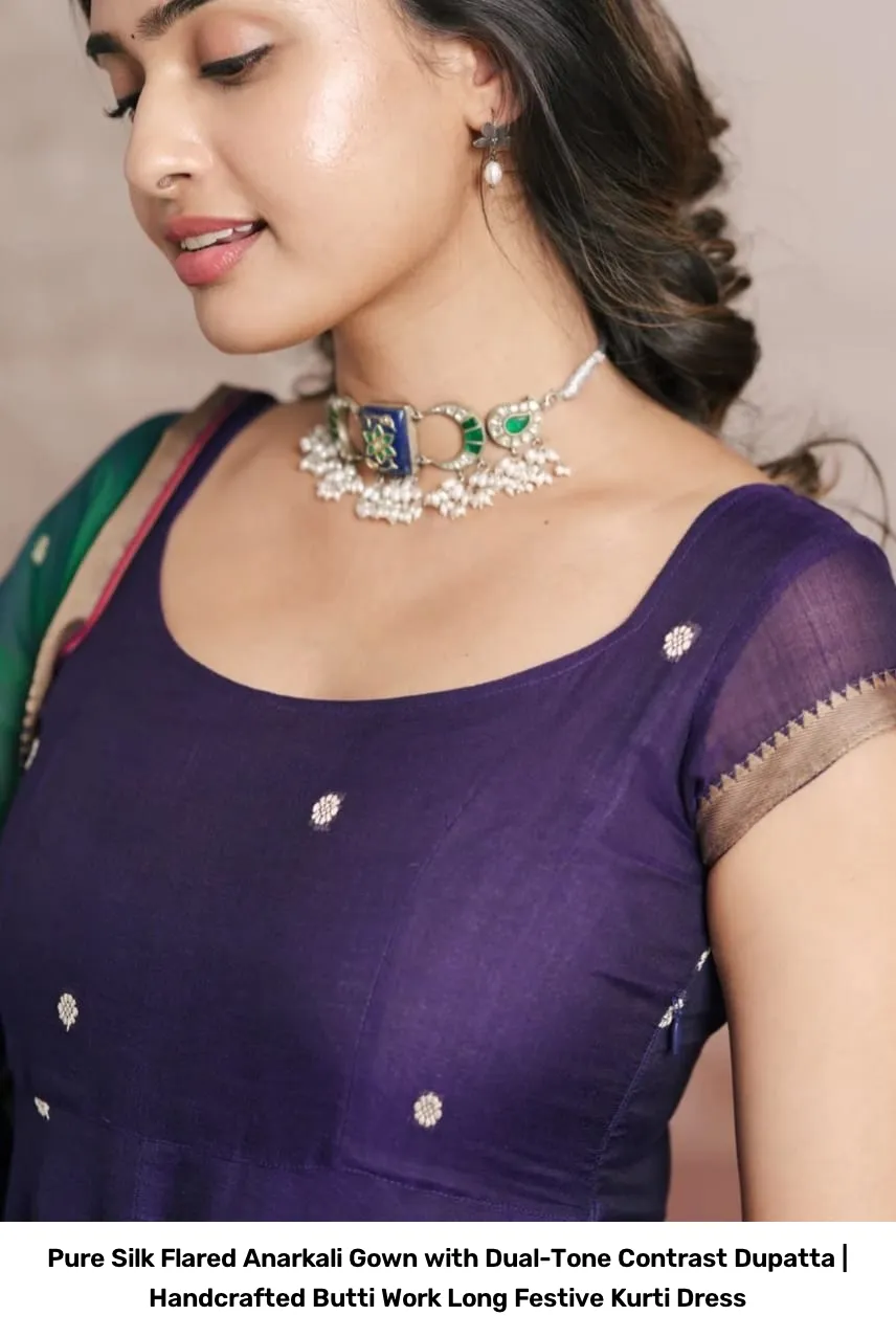 Pure Silk Flared Anarkali Gown with Dual-Tone Contrast Dupatta | Handcrafted Butti Work Long Festive Kurti Dress 4