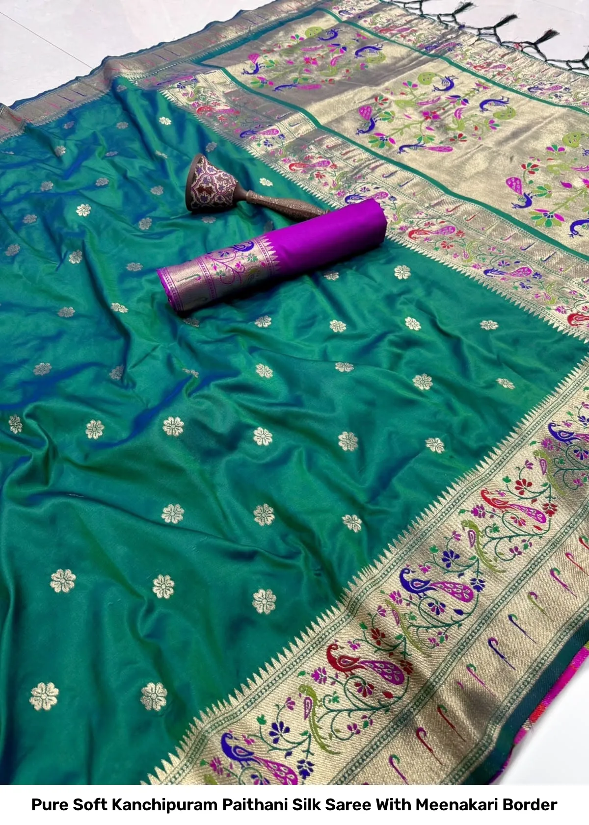 Pure Soft Kanchipuram Paithani Silk Saree With Meenakari Border 14