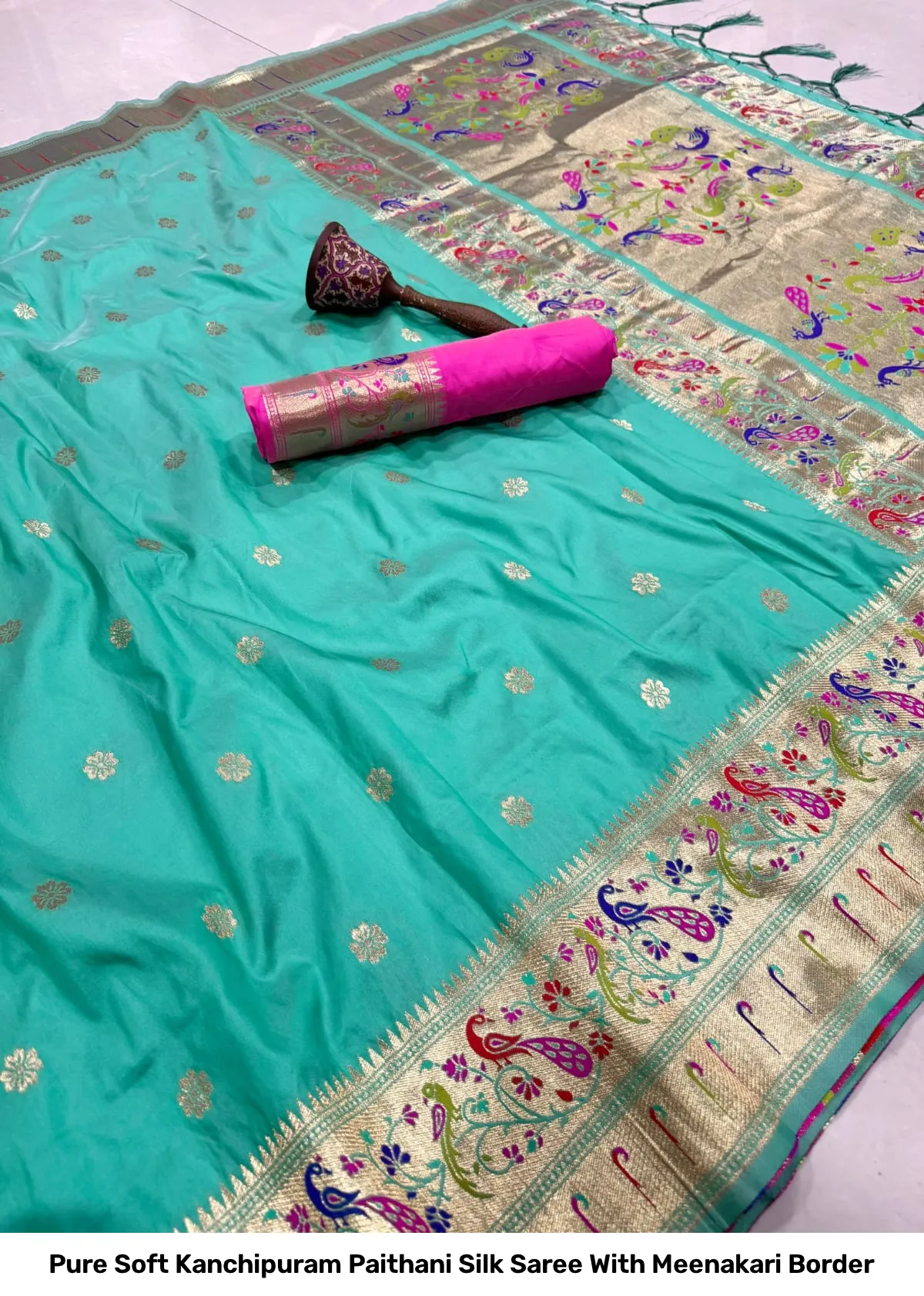 Pure Soft Kanchipuram Paithani Silk Saree With Meenakari Border 18