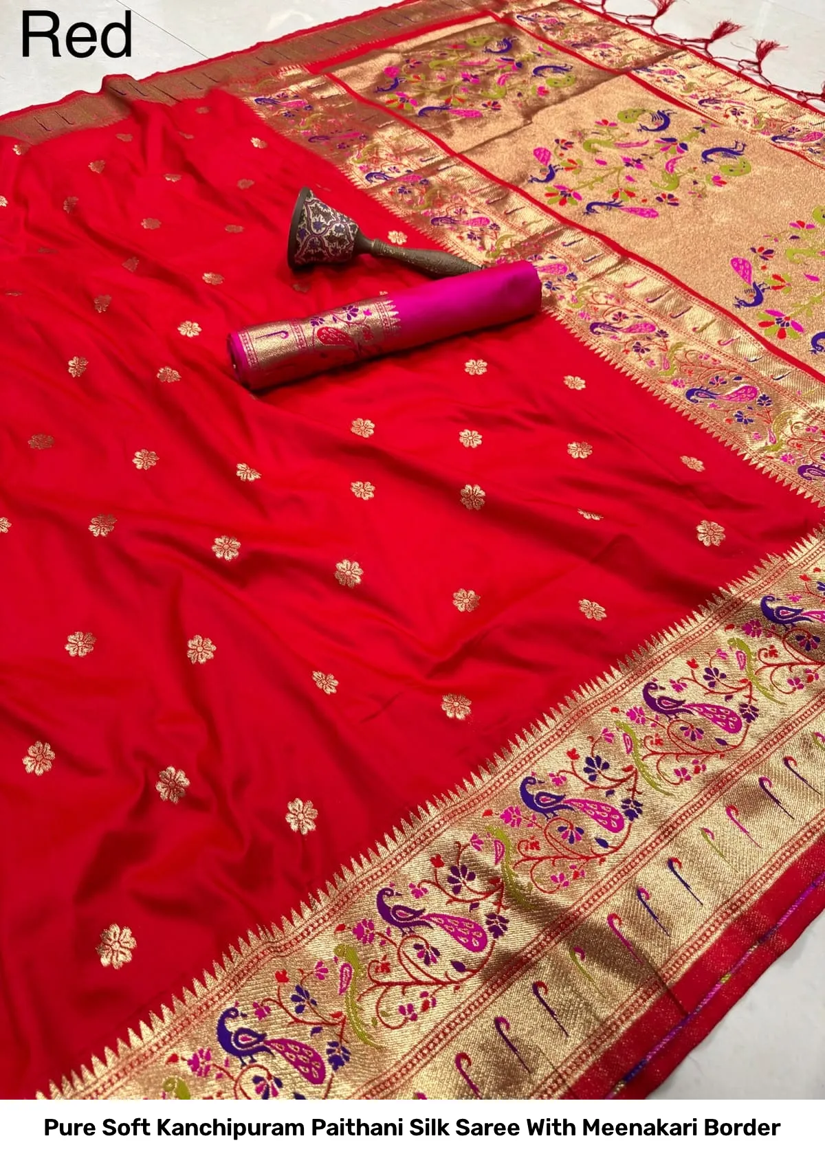 Pure Soft Kanchipuram Paithani Silk Saree With Meenakari Border 2