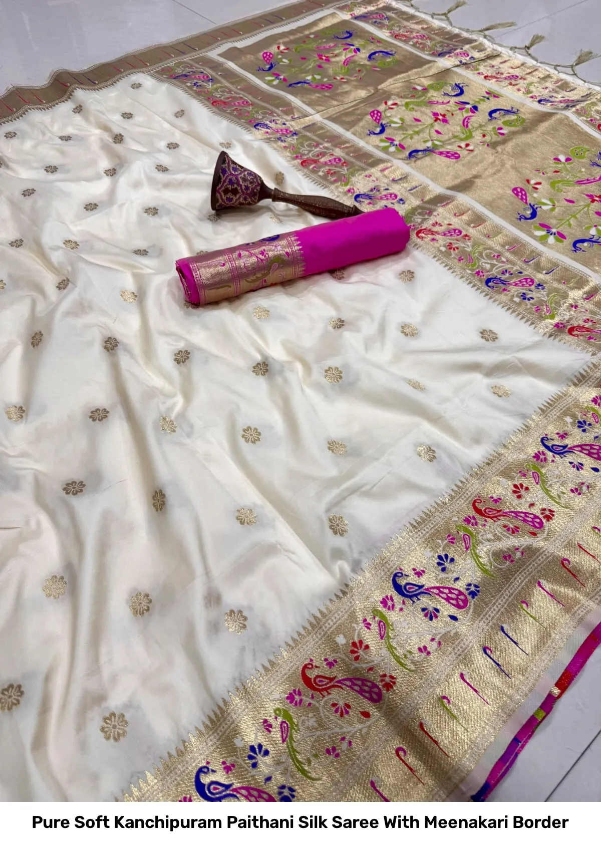 Pure Soft Kanchipuram Paithani Silk Saree With Meenakari Border 23