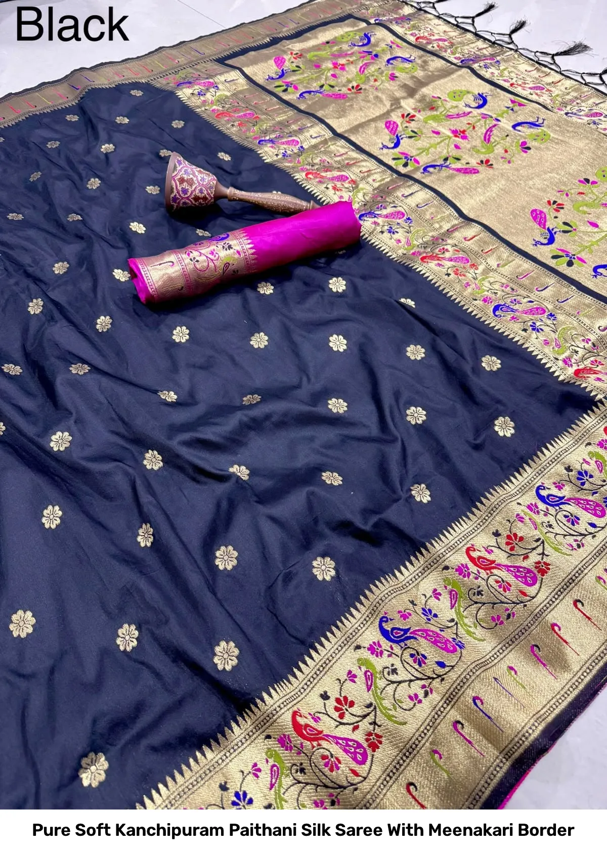 Pure Soft Kanchipuram Paithani Silk Saree With Meenakari Border 3