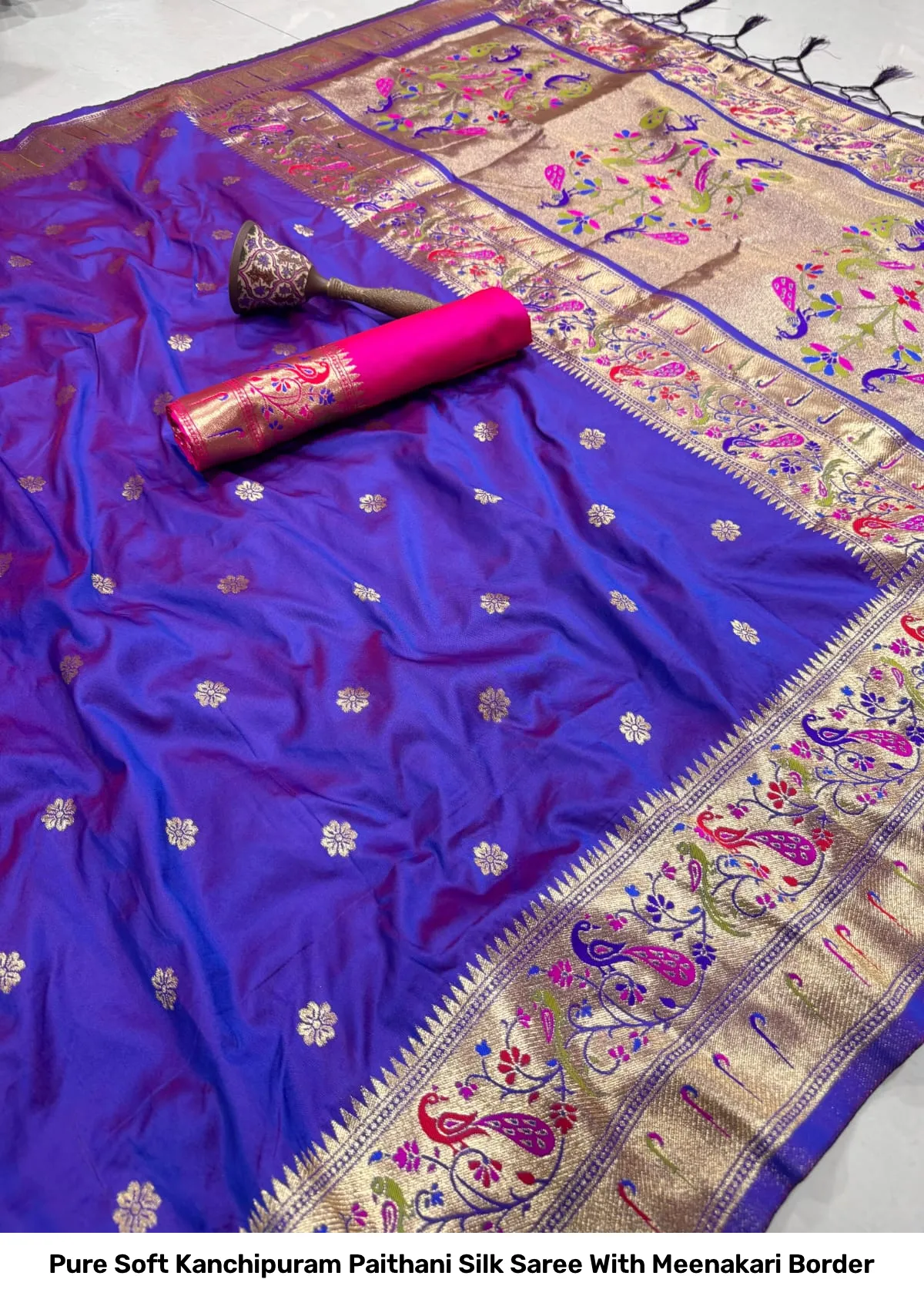 Pure Soft Kanchipuram Paithani Silk Saree With Meenakari Border 4
