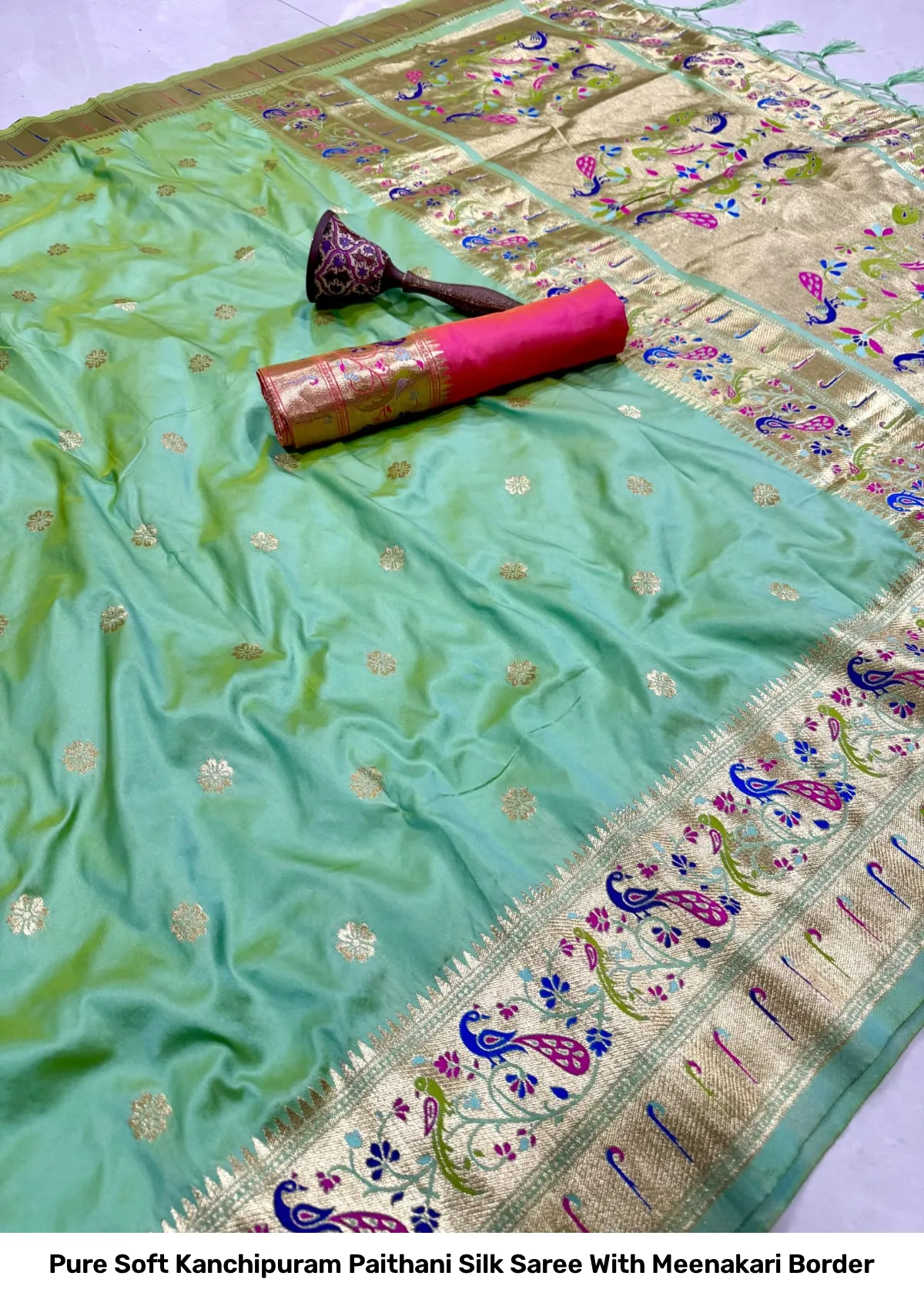Pure Soft Kanchipuram Paithani Silk Saree With Meenakari Border 6