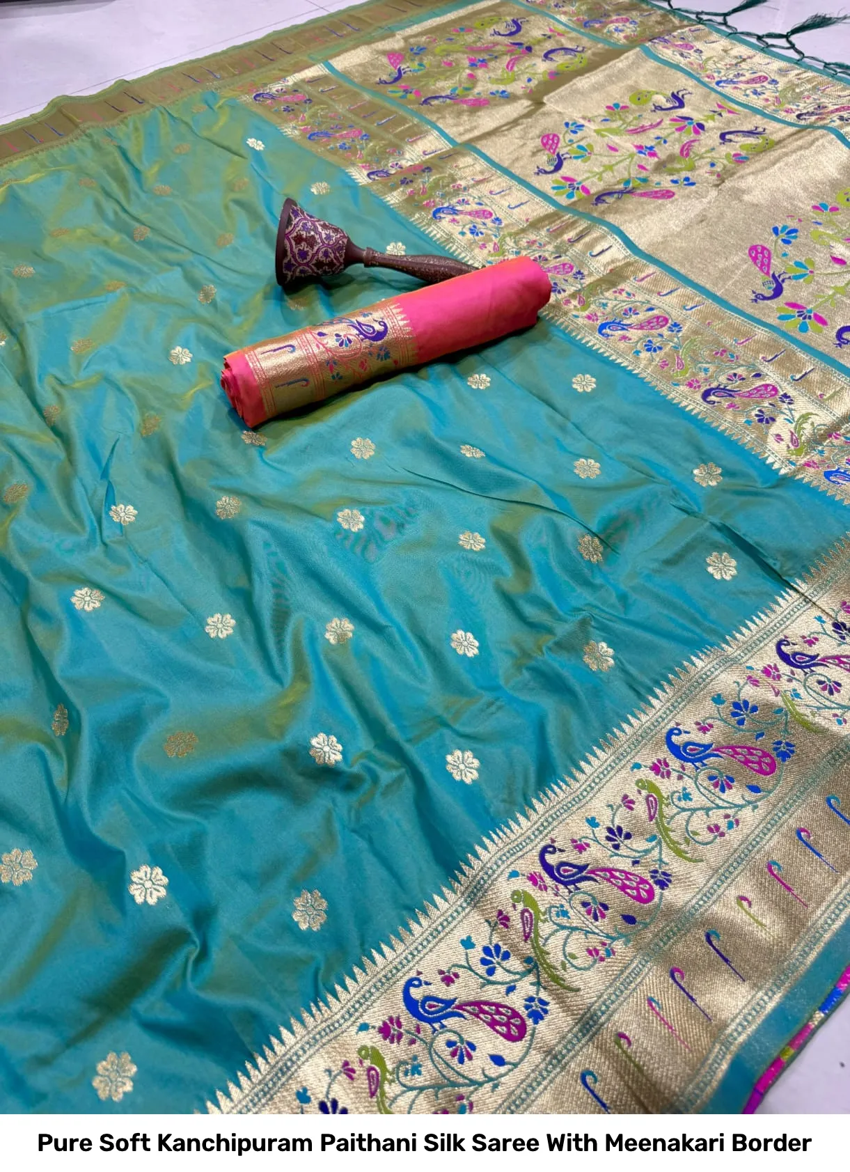 Pure Soft Kanchipuram Paithani Silk Saree With Meenakari Border 7