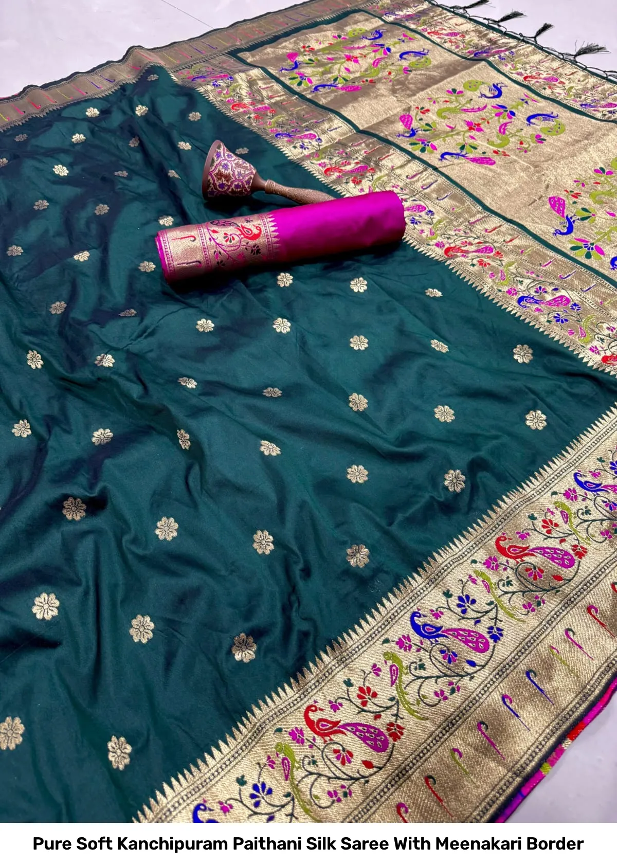 Pure Soft Kanchipuram Paithani Silk Saree With Meenakari Border 8