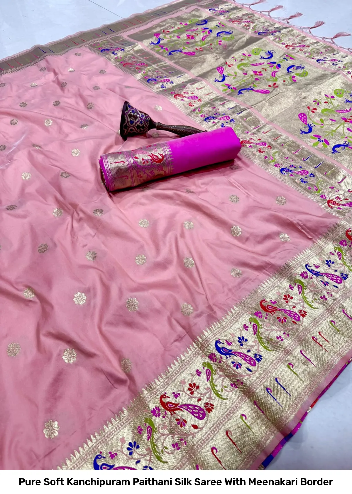 Pure Soft Kanchipuram Paithani Silk Saree With Meenakari Border 9