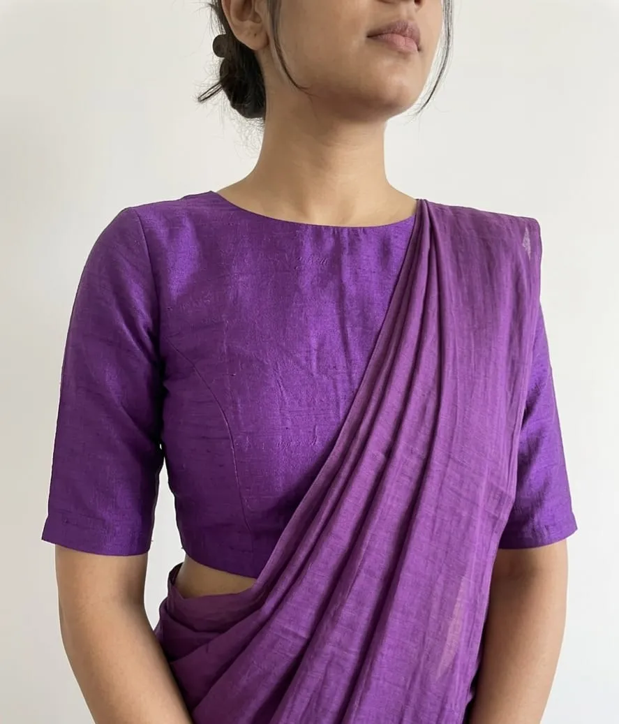Purple Boat Neck Saree Blouse – Cutout Back with Tassels Readymade Silk Blouse for Sarees & Lehengas