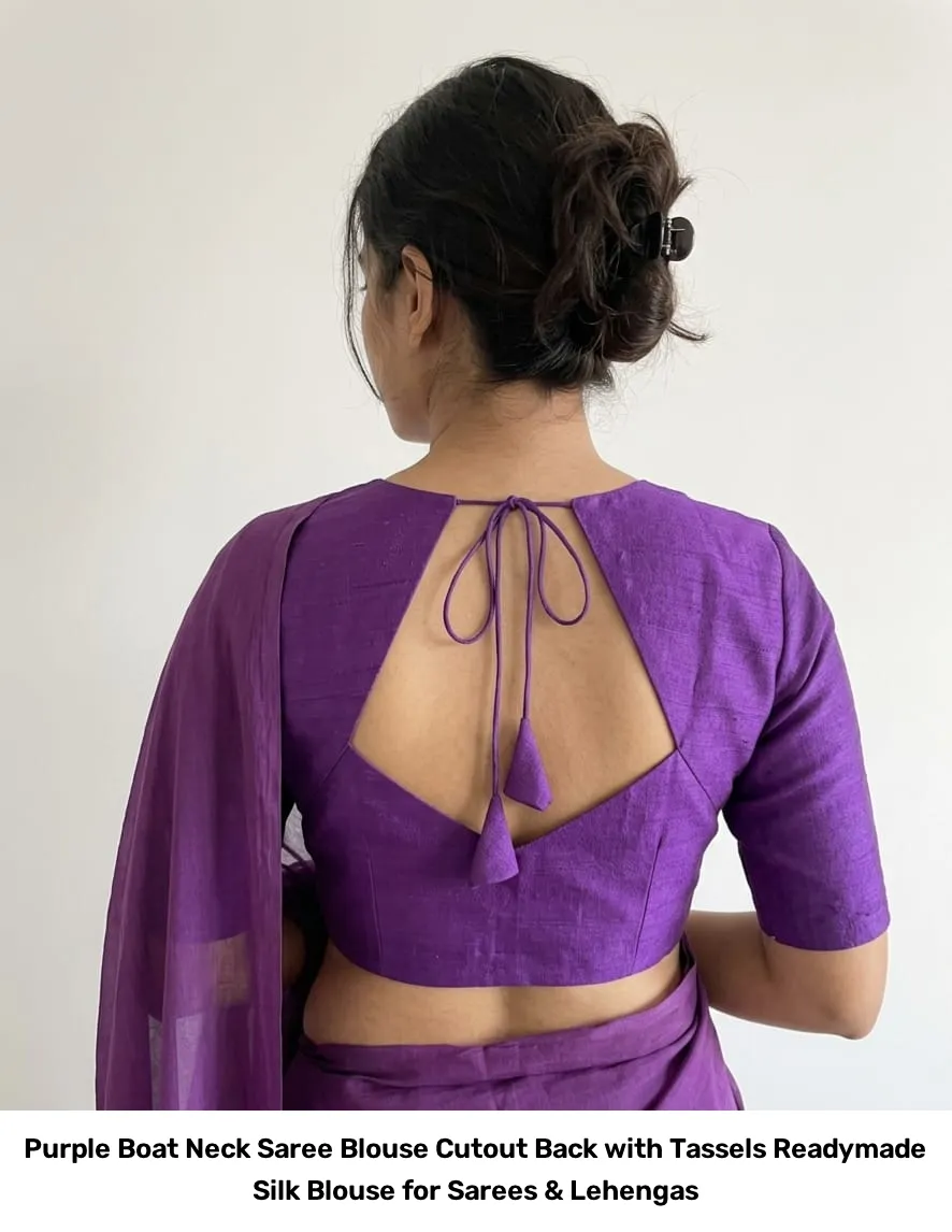 Purple Boat Neck Saree Blouse – Cutout Back with Tassels Readymade Silk Blouse for Sarees & Lehengas 2