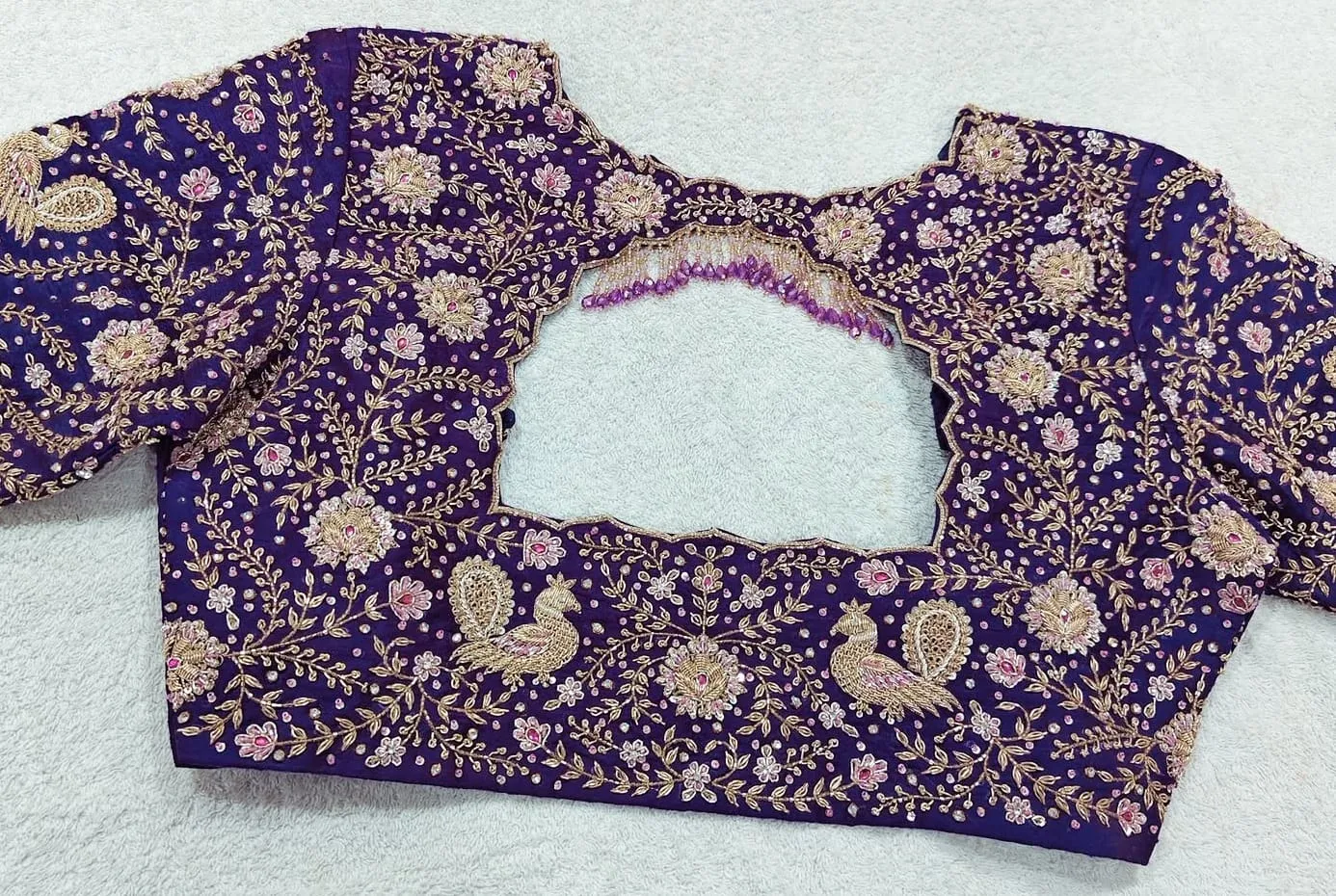 Purple Bridal Maggam Blouse Heavy Peacock Work & Beads