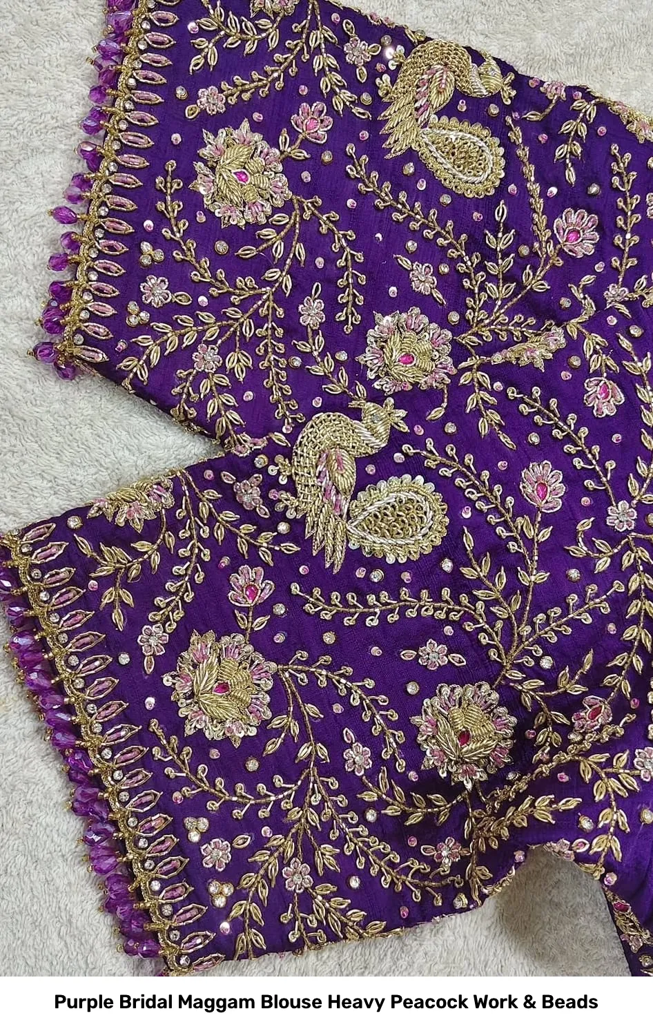 Purple Bridal Maggam Blouse Heavy Peacock Work & Beads 3