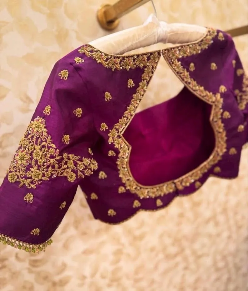 Purple Bridal Silk Blouse | Scallop Cut-Out Back Neck Maggam Work Saree Blouse with Bead Tassel Sleeves (Wholesale)