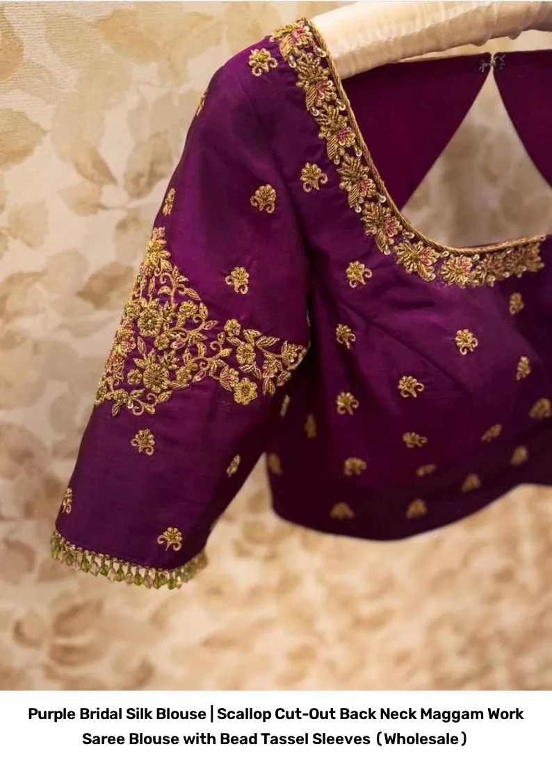 Purple Bridal Silk Blouse | Scallop Cut-Out Back Neck Maggam Work Saree Blouse with Bead Tassel Sleeves (Wholesale) 3