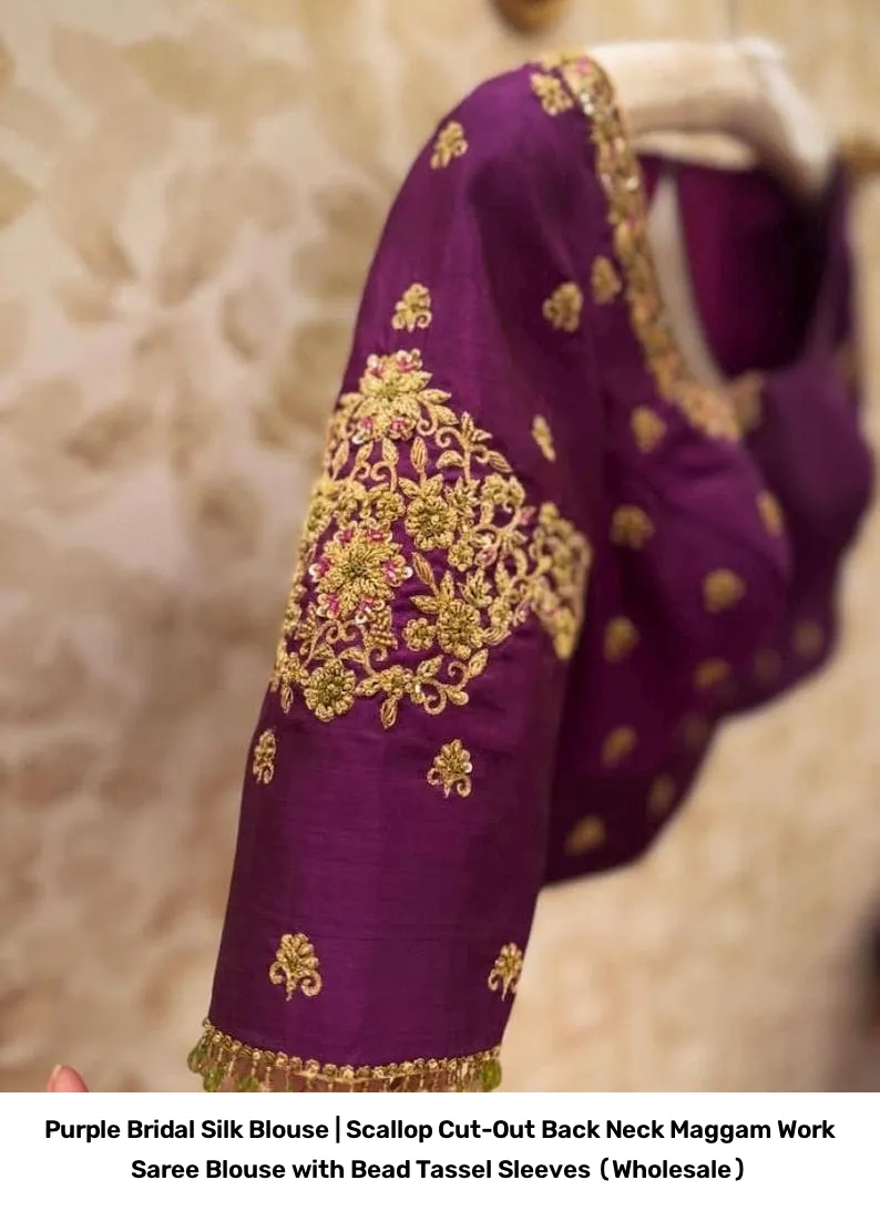 Purple Bridal Silk Blouse | Scallop Cut-Out Back Neck Maggam Work Saree Blouse with Bead Tassel Sleeves (Wholesale) 4