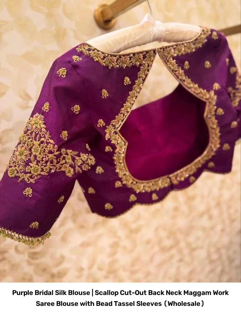 Purple Bridal Silk Blouse | Scallop Cut-Out Back Neck Maggam Work Saree Blouse with Bead Tassel Sleeves (Wholesale) 5