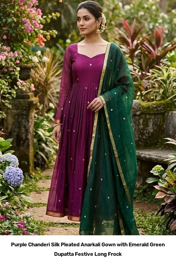 Purple Chanderi Silk Pleated Anarkali Gown with Emerald Green Dupatta – Festive Long Frock 2