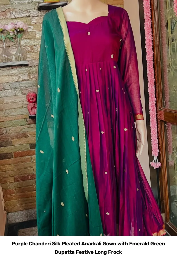 Purple Chanderi Silk Pleated Anarkali Gown with Emerald Green Dupatta – Festive Long Frock 3