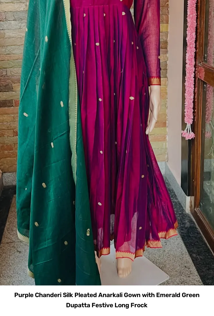 Purple Chanderi Silk Pleated Anarkali Gown with Emerald Green Dupatta – Festive Long Frock 4