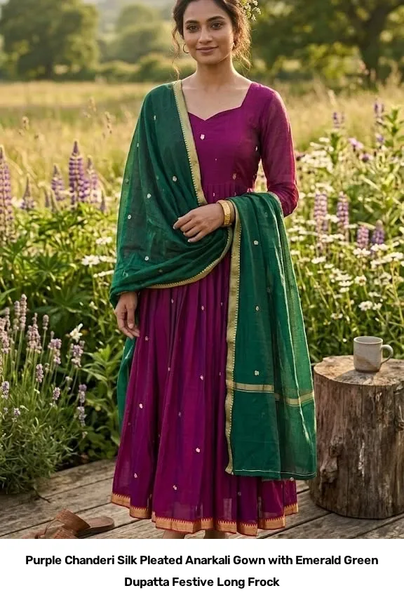 Purple Chanderi Silk Pleated Anarkali Gown with Emerald Green Dupatta – Festive Long Frock 5