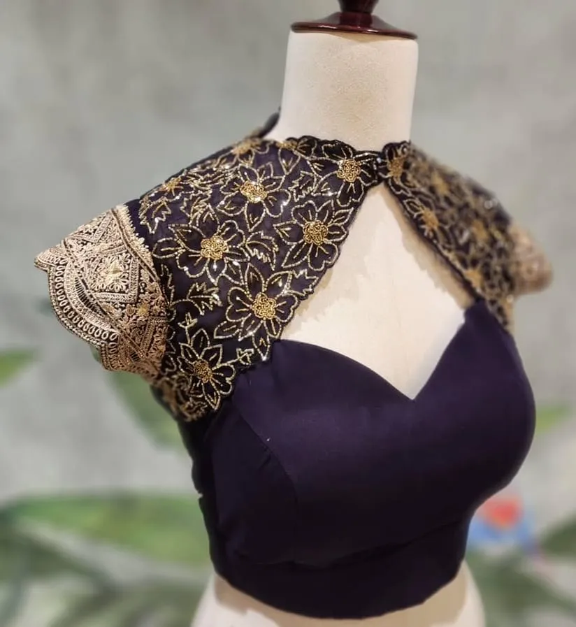 Purple Embroidered Cape Style Readymade Saree Blouse