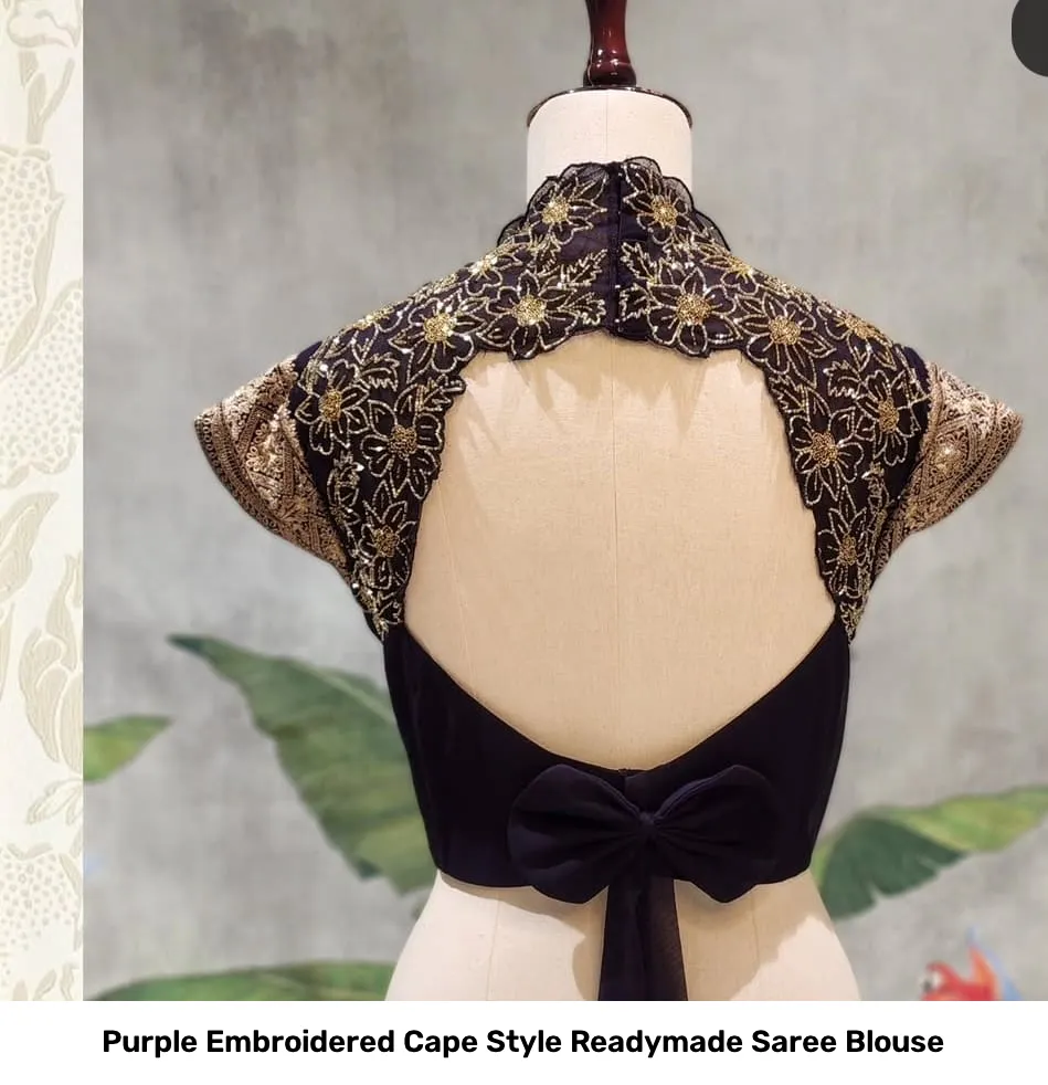 Purple Embroidered Cape Style Readymade Saree Blouse 2