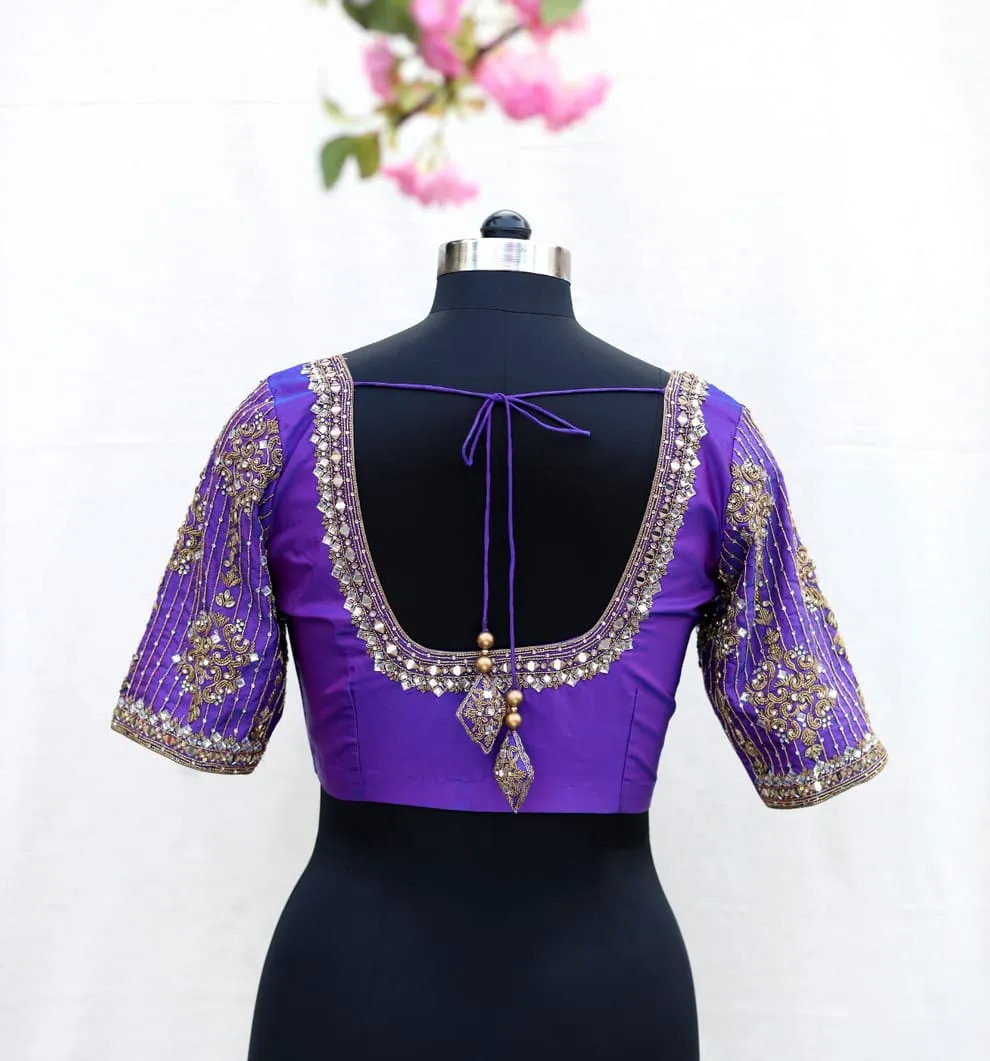 Purple Mirror Work Maggam Blouse