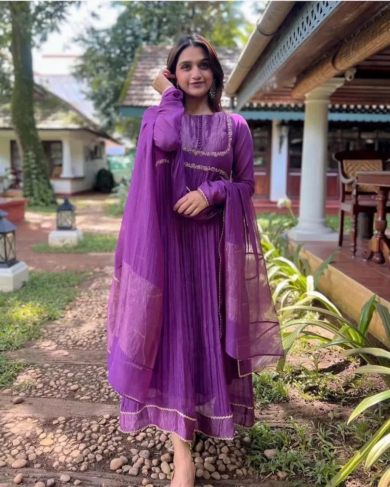 Purple Pleated Chanderi Anarkali Suit with Hand Embroidered Zari Yoke & Dupatta Set | Festive Party Wear Long Kurti Set
