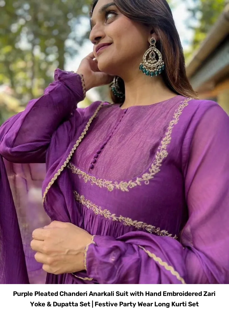 Purple Pleated Chanderi Anarkali Suit with Hand Embroidered Zari Yoke & Dupatta Set | Festive Party Wear Long Kurti Set 2