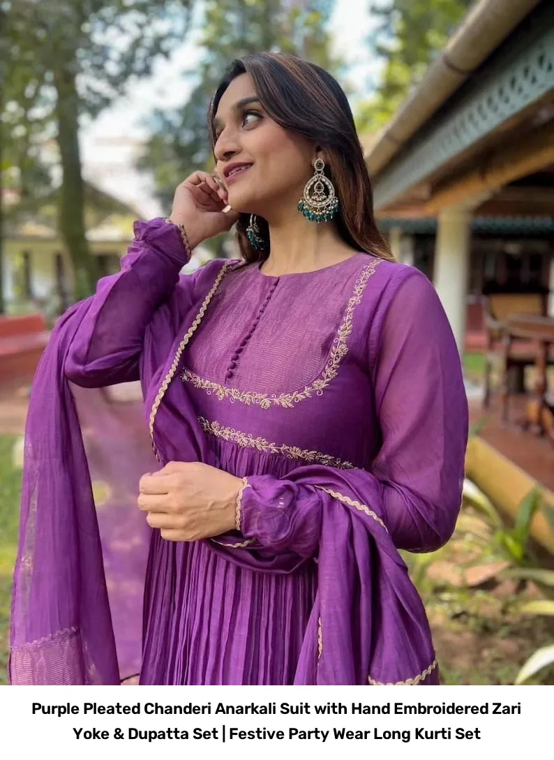 Purple Pleated Chanderi Anarkali Suit with Hand Embroidered Zari Yoke & Dupatta Set | Festive Party Wear Long Kurti Set 4