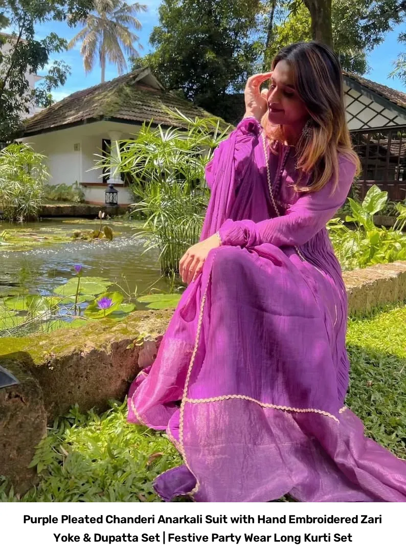 Purple Pleated Chanderi Anarkali Suit with Hand Embroidered Zari Yoke & Dupatta Set | Festive Party Wear Long Kurti Set 5