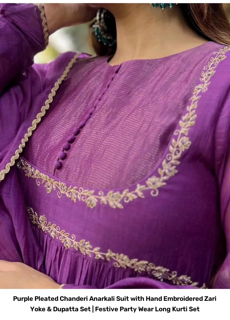 Purple Pleated Chanderi Anarkali Suit with Hand Embroidered Zari Yoke & Dupatta Set | Festive Party Wear Long Kurti Set 6