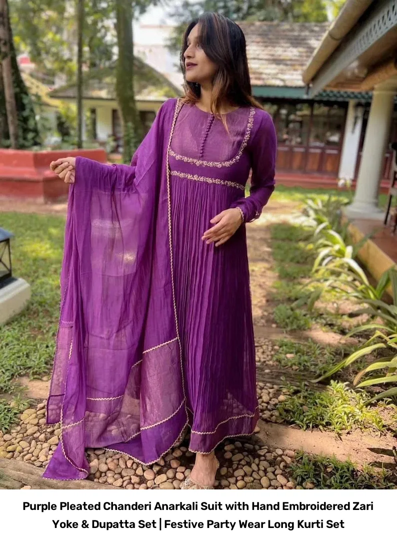 Purple Pleated Chanderi Anarkali Suit with Hand Embroidered Zari Yoke & Dupatta Set | Festive Party Wear Long Kurti Set 8