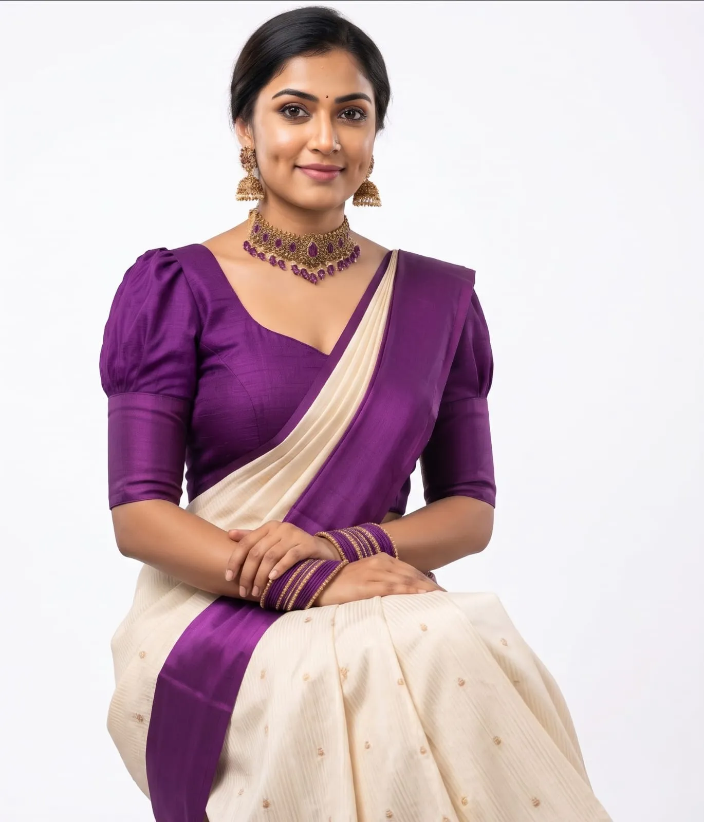 Purple Puff Sleeve Silk Blouse