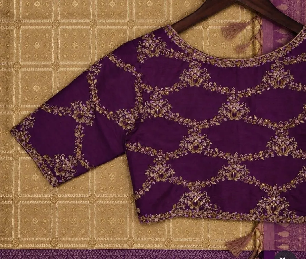 Purple Raw Silk Aari Work Blouse | Floral Jaal Hand Embroidery