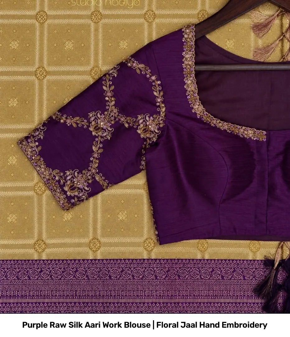 Purple Raw Silk Aari Work Blouse | Floral Jaal Hand Embroidery 2