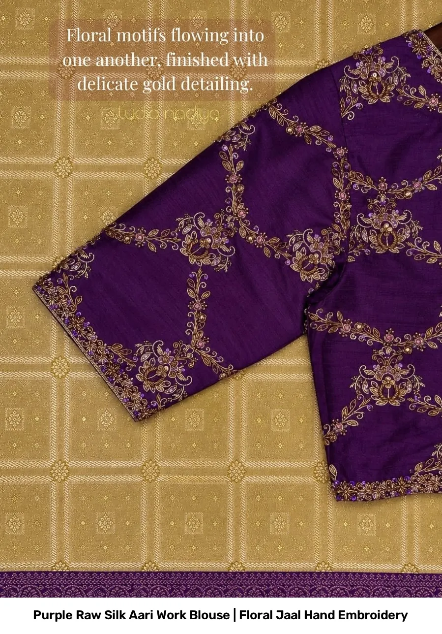 Purple Raw Silk Aari Work Blouse | Floral Jaal Hand Embroidery 3