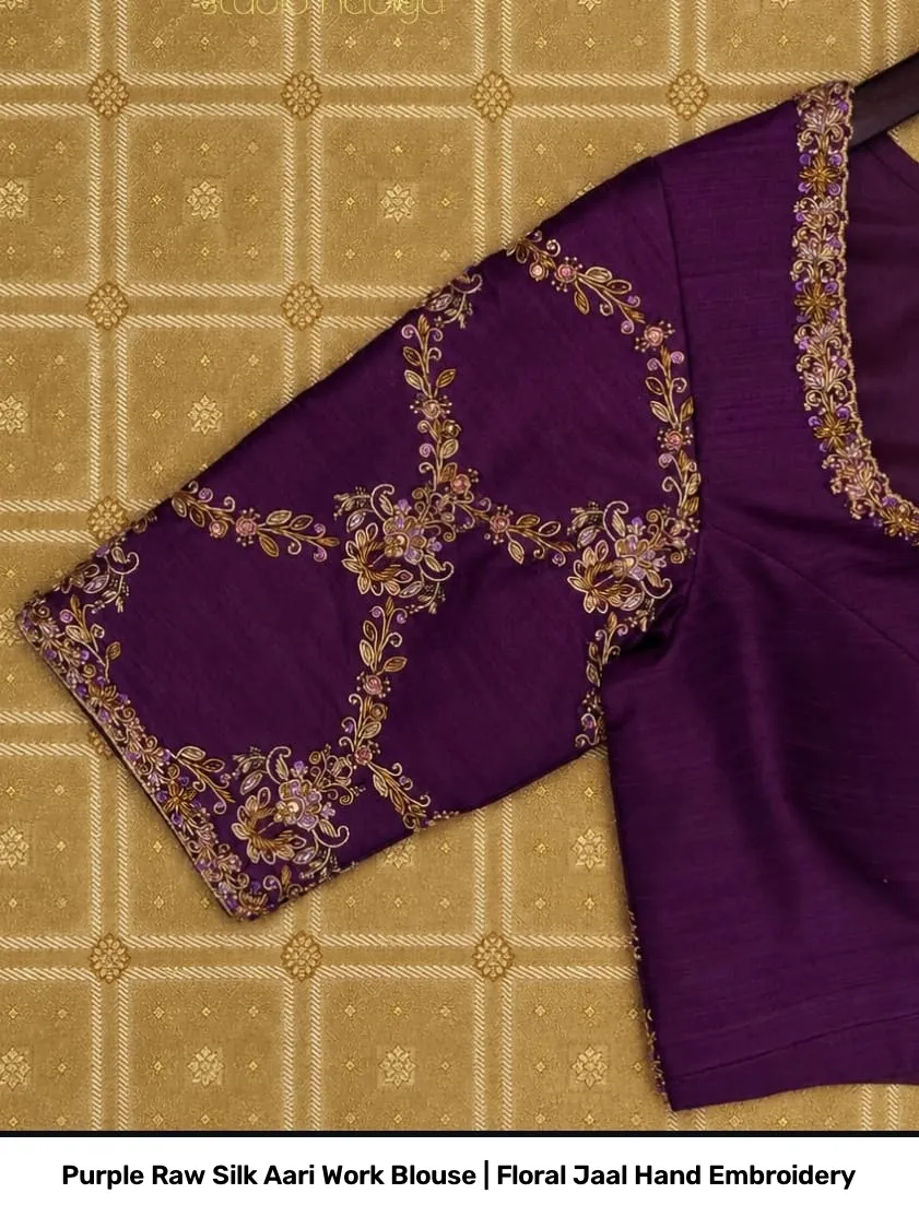Purple Raw Silk Aari Work Blouse | Floral Jaal Hand Embroidery 4