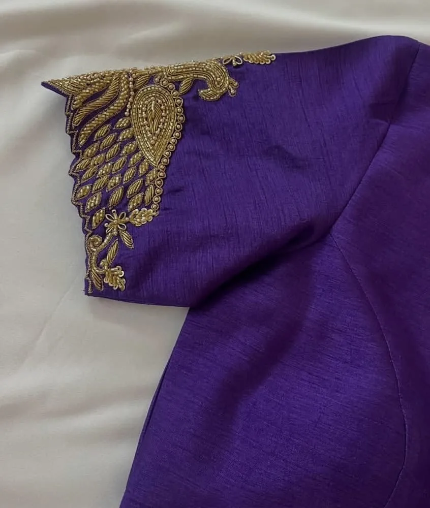 Purple Raw Silk Blouse | Gold Zardosi Peacock Sleeve Embroidery