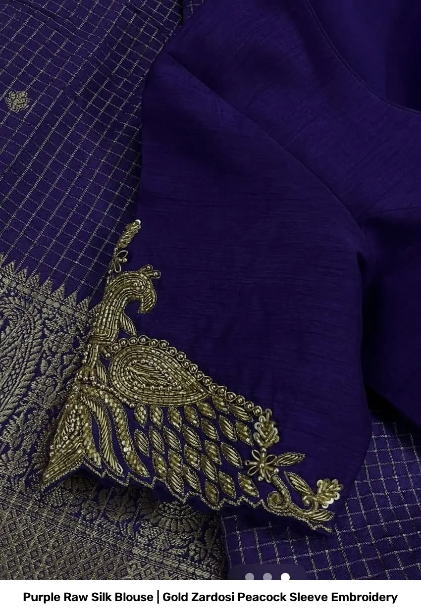 Purple Raw Silk Blouse | Gold Zardosi Peacock Sleeve Embroidery 2