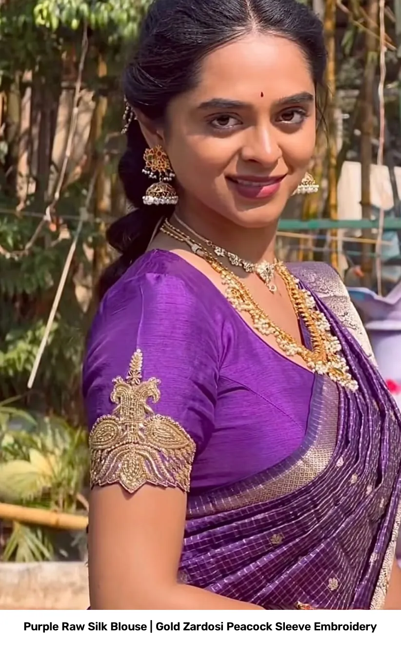 Purple Raw Silk Blouse | Gold Zardosi Peacock Sleeve Embroidery 3