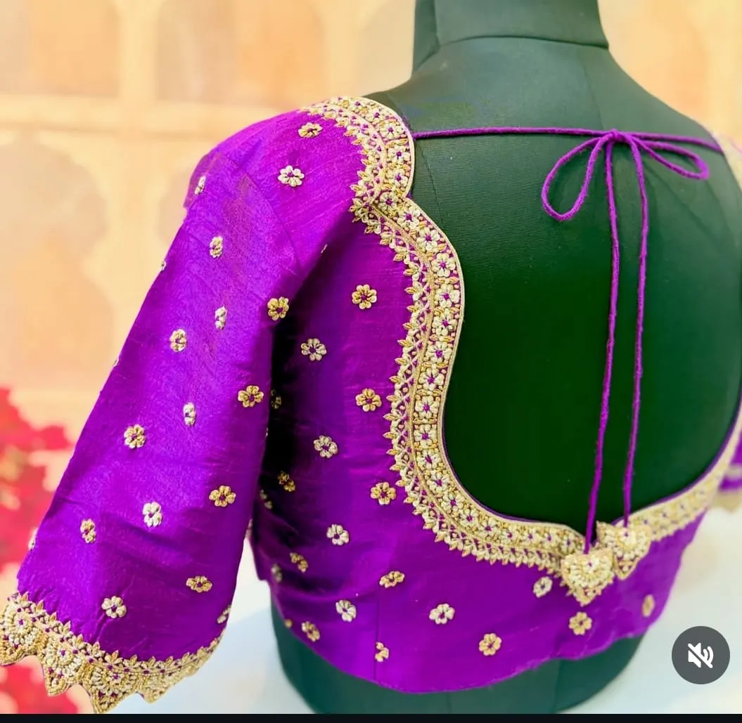 Purple Raw Silk Blouse | Scallop Deep Back Neck Aari Handwork